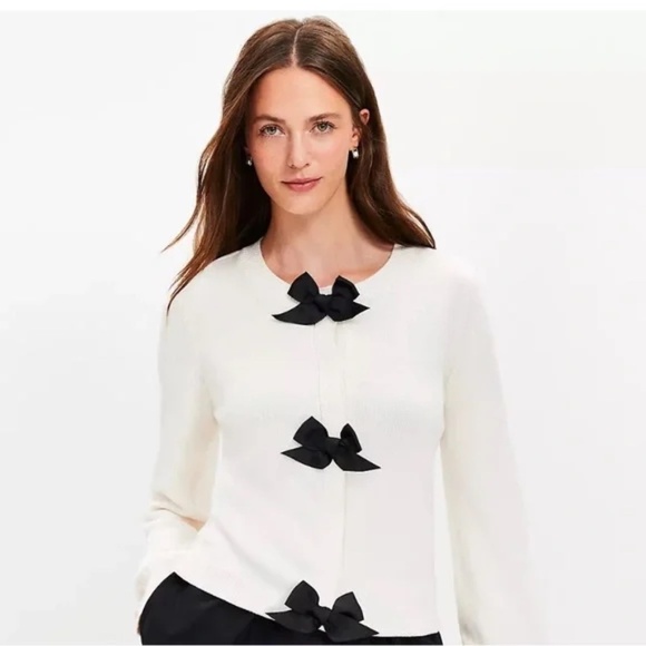 LOFT Sweaters - NWOT LOFT Ivory Cardigan Sweater Black Bows Size LARGE